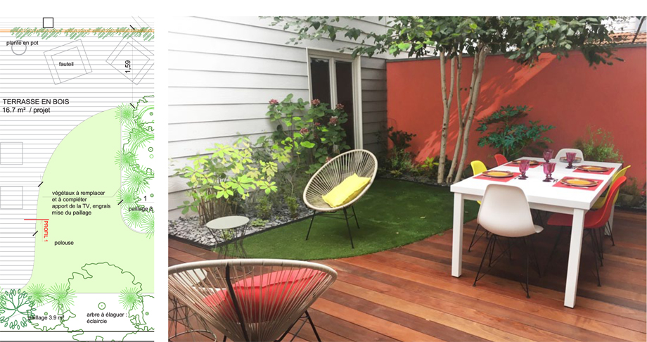 Aménagement d'un patio à Lyon. Création d'une terrasse en bois.